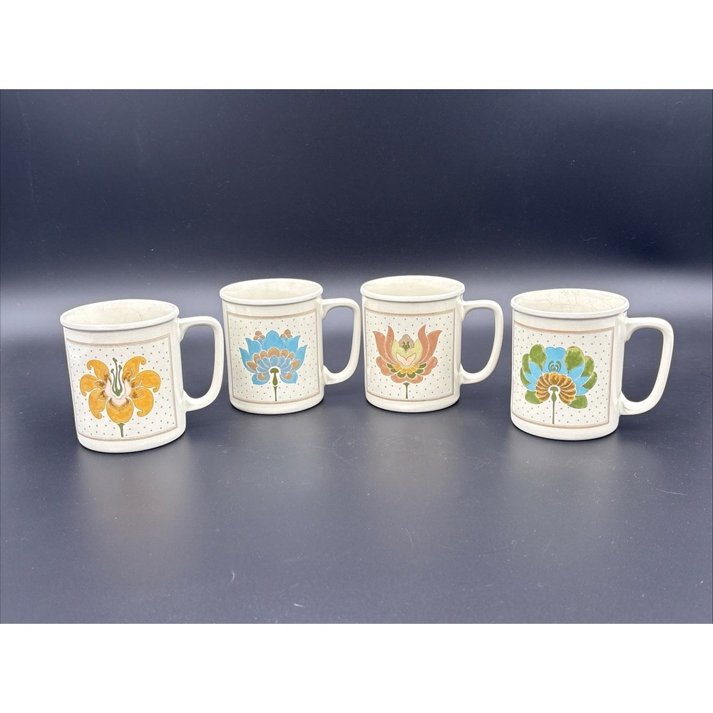 Vintage 1970s Speckled Stoneware Floral Coffee Mugs Set of 4 Retro Tulip Cups